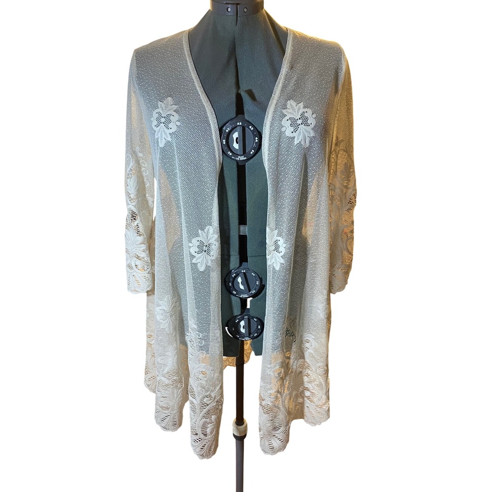 Maurices Womens Cream Floral Lace Kimono Cardigan‎ Sheer Boho Open Front Large